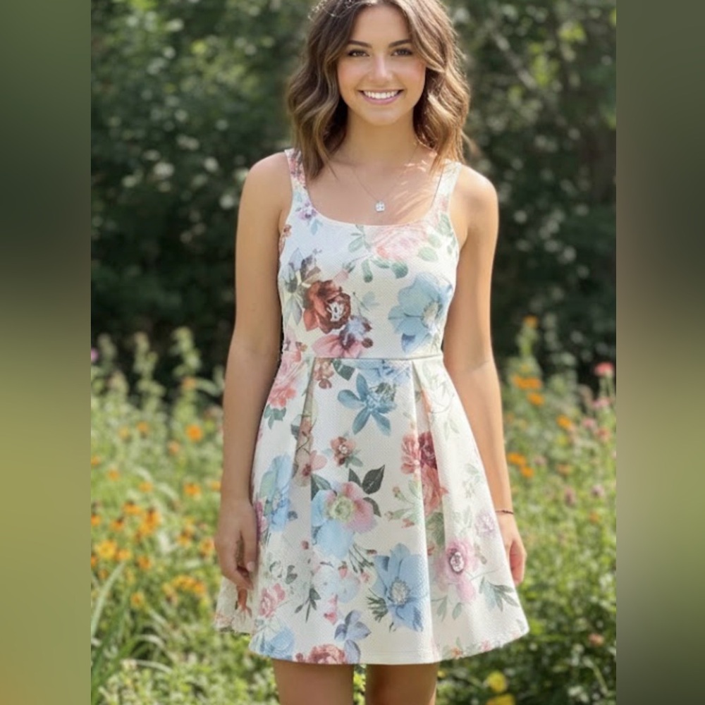 Olive Tree Floral Sleeveless Skater Dress White Multicolor Scoop Neck Size Small